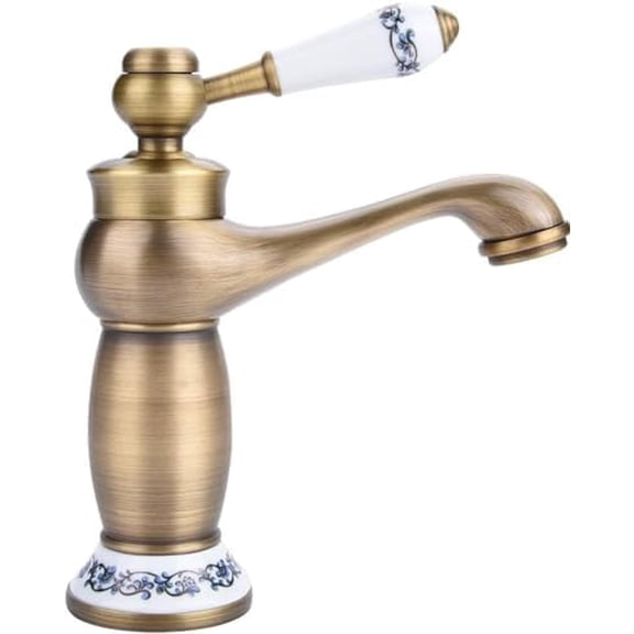 Vintage Antique Brass Faucet with Blue and White Porcelain, Long Neck Mixer Tap with Cold and Hot Water Basin Sink for Bathroom and Kitchen$$Tools & Hardware Other