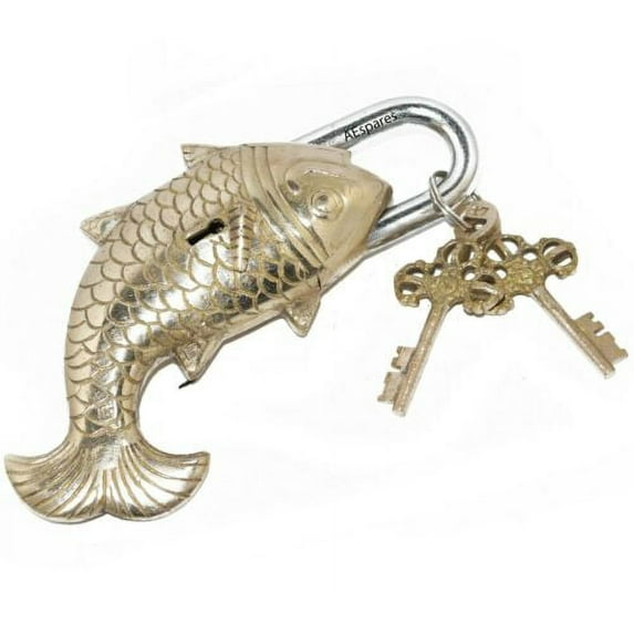 Vintage Antique Brass Fish Door Lock Lockpad + Keys Secret Lock Functional