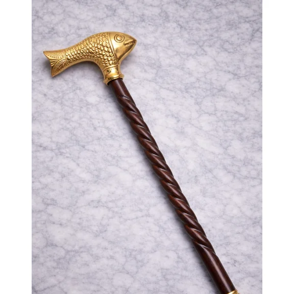 Vintage Antique Brass Fish Handle Wooden Victorian Style Designer Walking Stick Cane