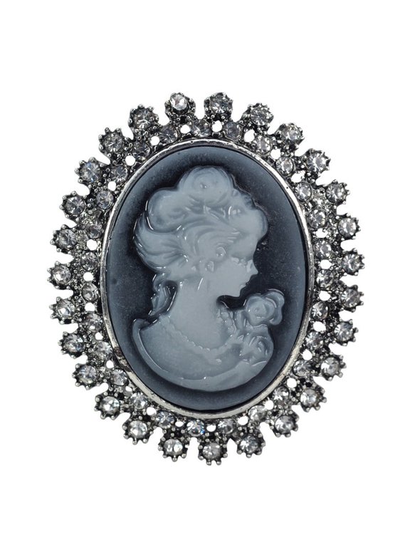 Vintage Antique Brooch Silver Tone Clear Crystal Rhinestones Grey Cameo Pin
