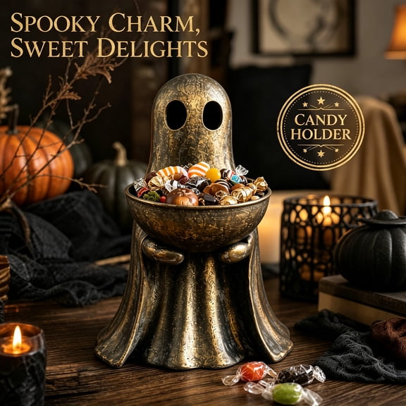 Vintage Antique Gold Ghost Statue Holding Bowl. Resin Halloween Candy Holder for Fall Farmhouse Table, Mantel Decoration