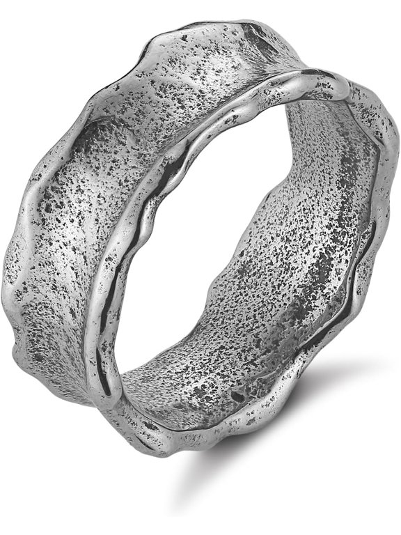 Vintage Antique Irregular Ring for Men Women, Crater Meteorite Finish Stainless Steel Ring, Retro Gothic Punk Biker Band, Unique Cocktail Jewelry Gift, Sizes 7-12