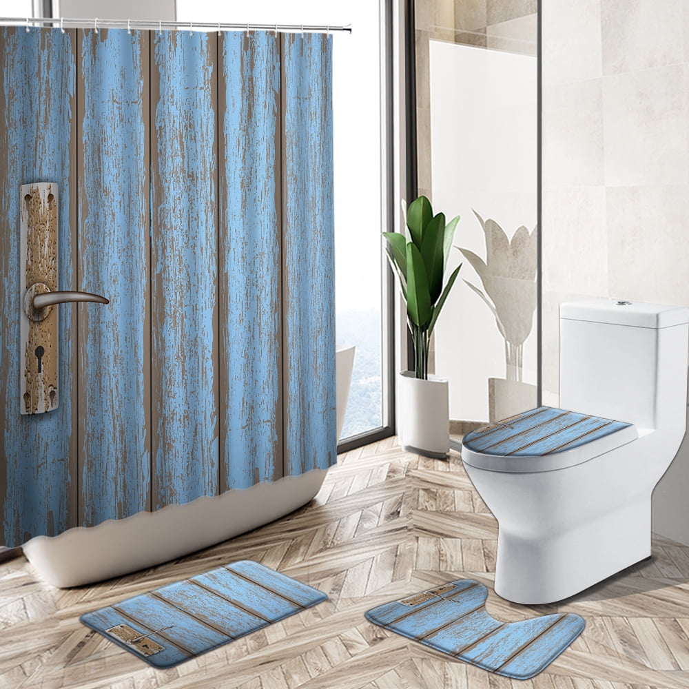 Vintage Antique Old Wooden Door Shower Curtain Country Farm Barn Stone