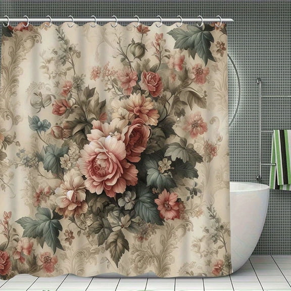 Vintage Antique Pink Rose Floral Scroll Shower Curtain with Hooks, Cottage Botanical Bathroom Decor