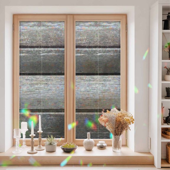Vintage Antique Wood Board Window Privacy Film,Decorative Windows Static Cling Farmhouse Dark Grey Board Heat Control Removable Glass Sticker for Home Bathroom Bedroom Window Door,23.6x59in