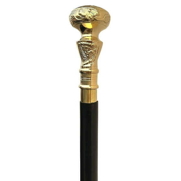 Vintage Antique Wooden Walking Cane with Golden Brass Handle – Elegant Victorian-Style Cane for Men & Women, Perfect Gift & Fancy Prop