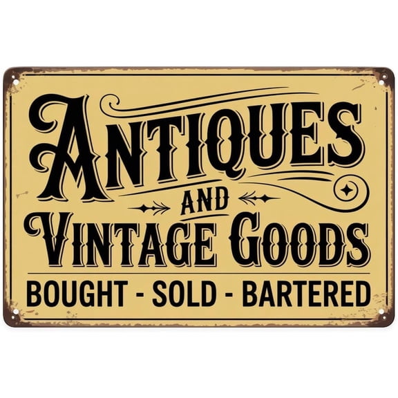 Vintage Antiques And Vintage Goods Metal Sign Print Retro Shop Sign Tin Sign Aesthetic Room Decoration for Home Bedroom Kitchen Bar Dorm Bathroom Wall Decor 8 X 12 Inch