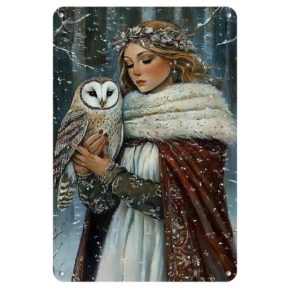 [Vintage Appeal] Blessed Yule Owl Vintage Iron Tin Sign - 8x12 Inch Decorative Wall Art, Rustic Winter Scene with Woman and Owl, Ideal for Home Decor, No Electricity Needed, Owl Home Decor
