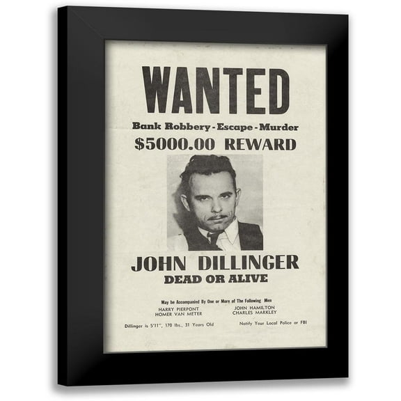 Vintage Apple Collection 10x14 Black Modern Framed Museum Art Print Titled - John Dillinger Wanted Poster