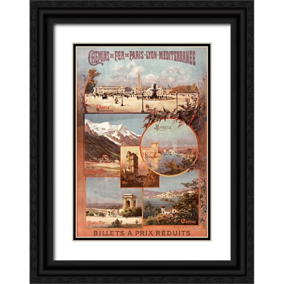 Vintage Apple Collection 11x14 Black Ornate Wood Framed with Double Matting Museum Art Print Titled - Chemins de Fer de Paris Lyon