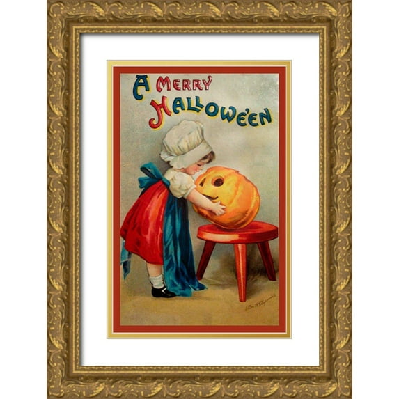 Vintage Apple Collection 11x14 Gold Ornate Wood Framed with Double Matting Museum Art Print Titled - Halloween Stool Pumpkin.tif