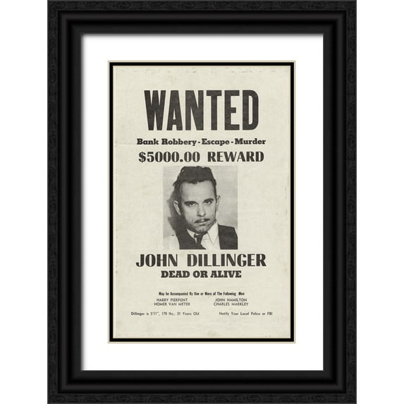 Vintage Apple Collection 13x18 Black Ornate Wood Framed with Double Matting Museum Art Print Titled - John Dillinger Wanted Poster
