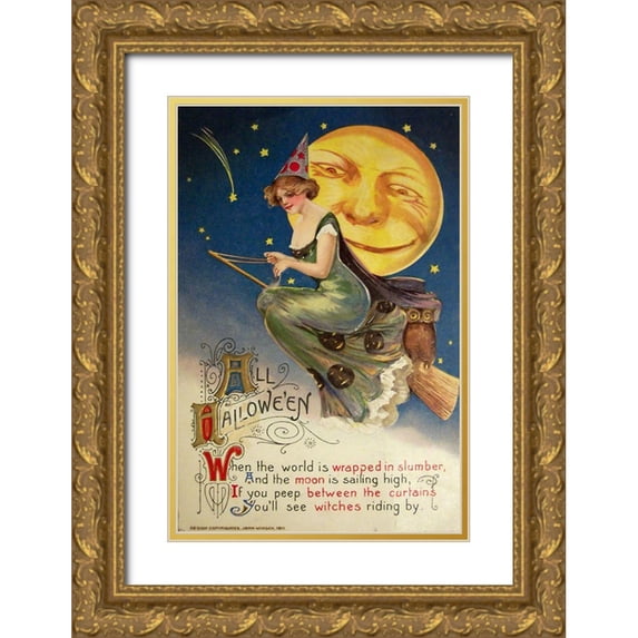 Vintage Apple Collection 13x18 Gold Ornate Wood Framed with Double Matting Museum Art Print Titled - Halloween Witch Greendress Moon.tif