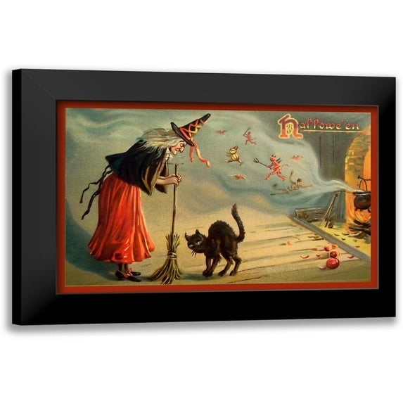 Vintage Apple Collection 14x11 Black Modern Framed Museum Art Print Titled - Halloween Witch And Cat.tif
