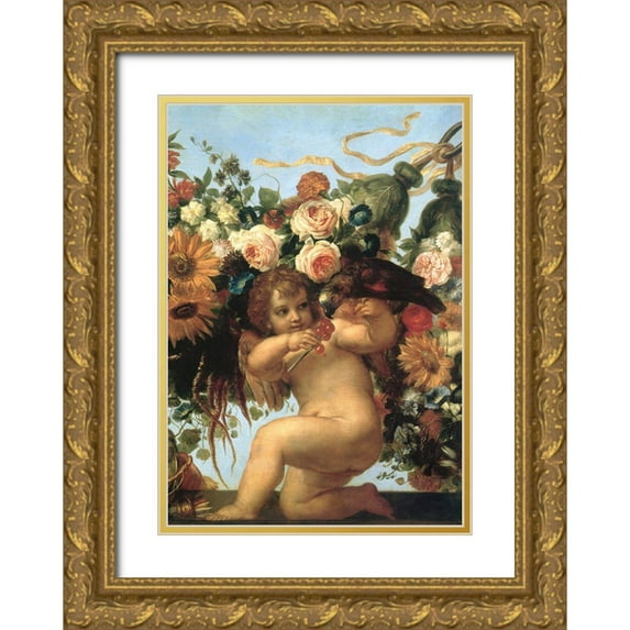Vintage Apple Collection 18x24 Gold Ornate Wood Framed with Double Matting Museum Art Print Titled - Cherub And Parrot