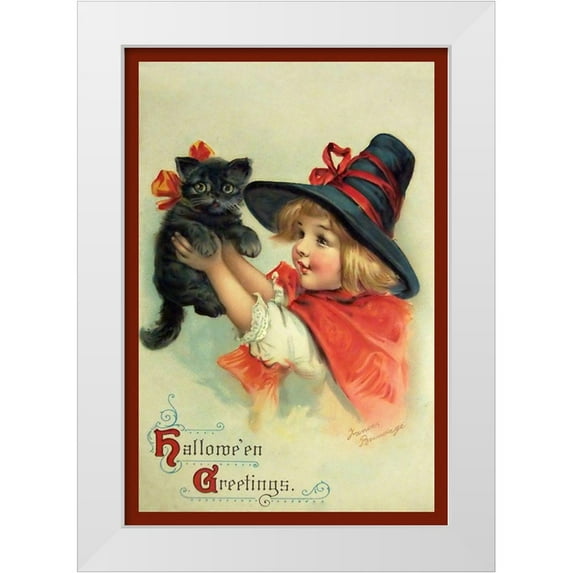 Vintage Apple Collection 18x24 White Modern Wood Framed Museum Art Print Titled - Little Witch And Halloween Kitty.tif