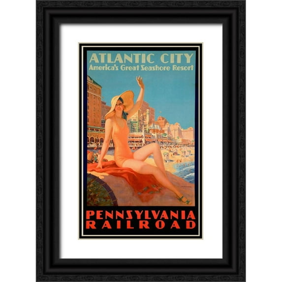 Vintage Apple Collection 21x32 Black Ornate Wood Framed with Double Matting Museum Art Print Titled - Atlantic City Bathing Pa Line