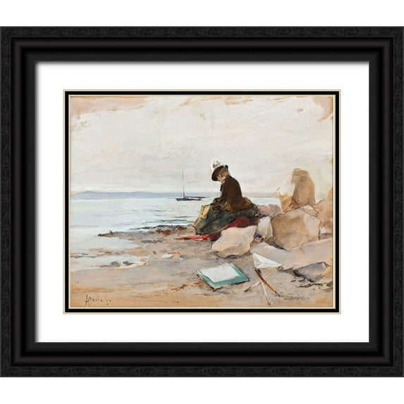 Vintage Apple Collection 24x20 Black Ornate Wood Framed with Double Matting Museum Art Print Titled - Albert Stevens - Painter At The Beach