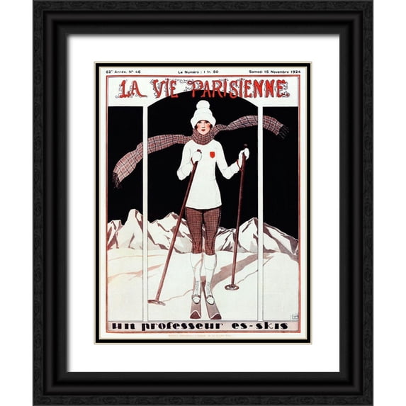 Vintage Apple Collection 25x32 Black Ornate Wood Framed with Double Matting Museum Art Print Titled - Art Deco Skiing