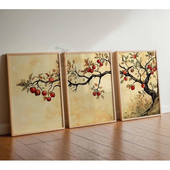 Vintage Apple Tree Prints Set Rustic Farmhouse Kitchen Wall Art Set 3