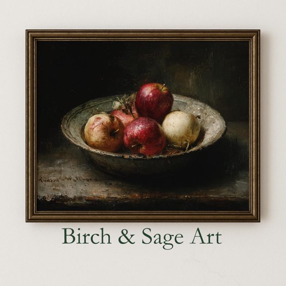 Vintage Apples in Rustic Bowl Print Poster Dark , Muted Still Life Art, Timeless Kitchen Decor, Old World Style Wall Art 202, Size 8x12 UNFFRAMED F03.1.6l3315