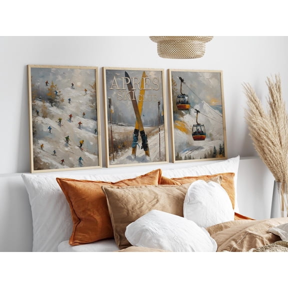 Vintage Apres Ski Prints Set Of 3, Cozy Cabin And Bar Cart Wall Art
