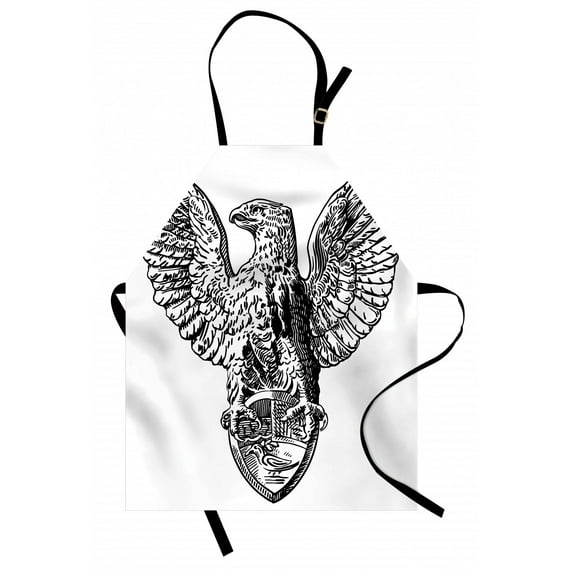 Vintage Apron Italian Rome Heraldry Eagle Statue Pattern European Empire Heritage Culture Print, Unisex Kitchen Bib Apron with Adjustable Neck for Cooking Baking Gardening, Black White, by Ambesonne