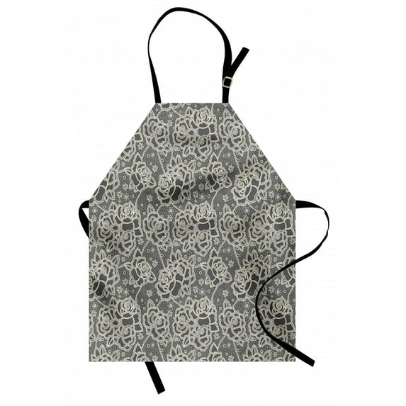 Vintage Apron Ornate Romantic Roses Pattern Lace Style Backdrop and Victorian Inspirations, Unisex Kitchen Bib Apron with Adjustable Neck for Cooking Baking Gardening, Dark Taupe Cream, by Ambesonne
