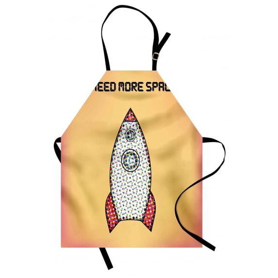 Vintage Apron Quote with Radiant Tone Futuristic Spaceship Rocket Moon Cosmos Universe Humor Art, Unisex Kitchen Bib Apron with Adjustable Neck for Cooking Baking Gardening, Multicolor, by Ambesonne