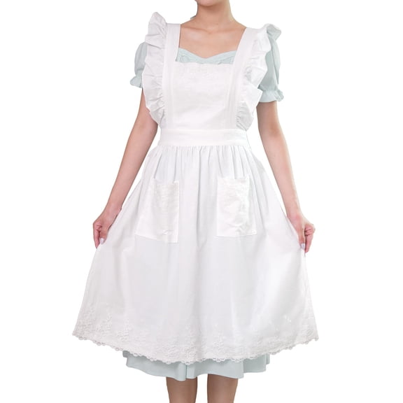 Vintage Aprons for Women with Lace Ruffle, Cooking Kitchen Baking | Adjustable Pinafore Apron with Cross Back, 33.8" x 30.7" Full Coverage with Pockets for Gardening Grilling, Gifts for Women