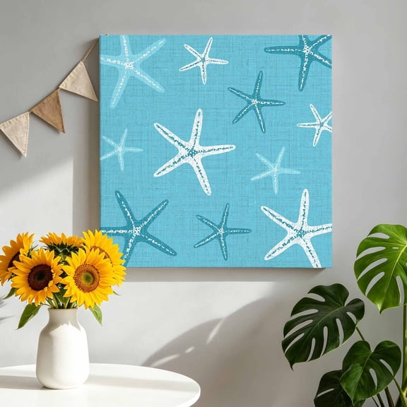 Vintage Aqua Blue Starfish Canvas Wall Art for Living Room, Summer Coastal Beach Marine Life Poster Print Painting for Nightstand Bathroom Collage Decoration Wall Pictures Prepare To Hang 8"x8"