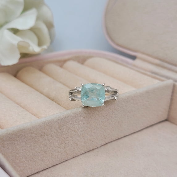 Vintage Aquamarine Ring-Cushion Aquamarine Ring-925 Sterling Silver Ring-White Topaz Gemstone Ring-Promise Women Ring