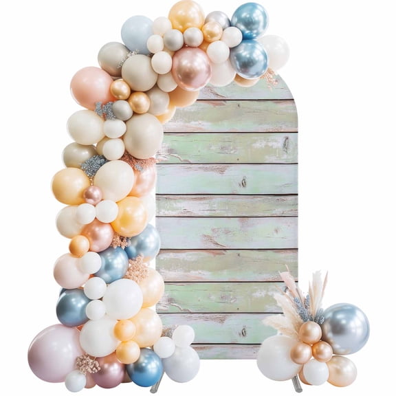 Vintage Arch Backdrop Cover 4 FT Pastel Colored Wood Planks Texture Backdrop Stretchy Elastic Arch Stand Covers Spandex Arched Background Birthday Wedding Party Decoration (No Stand)