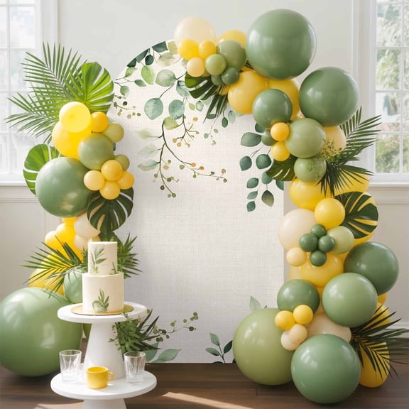 Vintage Arch Backdrop Cover, 6.6FT, Watercolor Eucalyptus Leaf Country Linen Background Spandex Arch Covers Double-Sided Backdrop for Wedding Birthday Party Photo Background Decoration