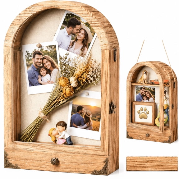Vintage Arch Wooden Shadow Box Display Case with Linen Lining, Freestanding & Wall Mount Memory Keepsake Frame