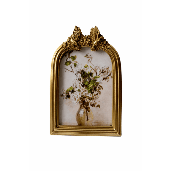 Vintage Arched Picture Frame, Fits 5 x 7 Photos, Antique Gold Photo Frame with Bird Carved Top, Tabletop and Wall Hanging Decorative Frame for Home Office Decor