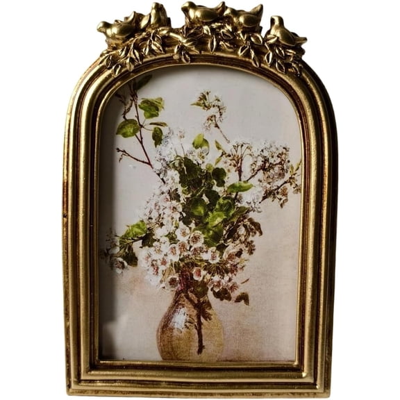 Vintage Arched Picture Frame, Fits 5 x 7 Photos, Antique Gold Photo Frame with Bird and Floral Carved Top, Ornate Decorative Tabletop and Wall Display Frame for Home Decor