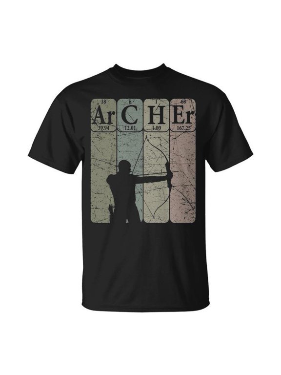 Vintage Archery Elements Graphic Tee + Unisex Adult Cotton T-Shirt with Periodic Table Bow Hunting Design, Retro Style Gift for Archers and Outdoor Enthusiasts, Size S, Color Black