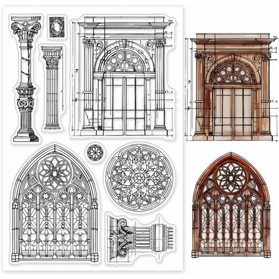 Vintage Architectural Clear Stamps Windows Background Silicone Clear Stamp Seals Pillars Transparent Stamps for DIY Scrapbooking Cards Making Photo Album Journal Home Decoration