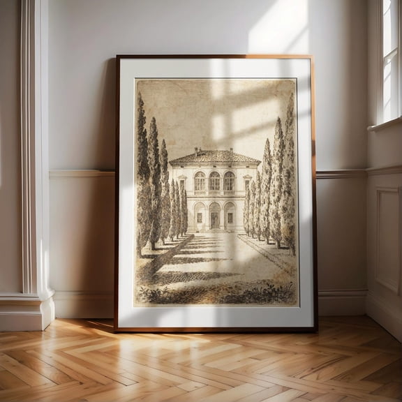 Vintage Architectural Drawing Of Italian Villa With Cypress Trees, Unframed Paper Print