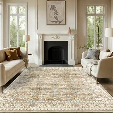 KAMOMA 5'x7' Area Rugs for Living Room Machine Washable Vintage Indoor Rug Low Pile Non Slip Carpet for Bedroom Dining Room Office Home Decor, Beige & Brown