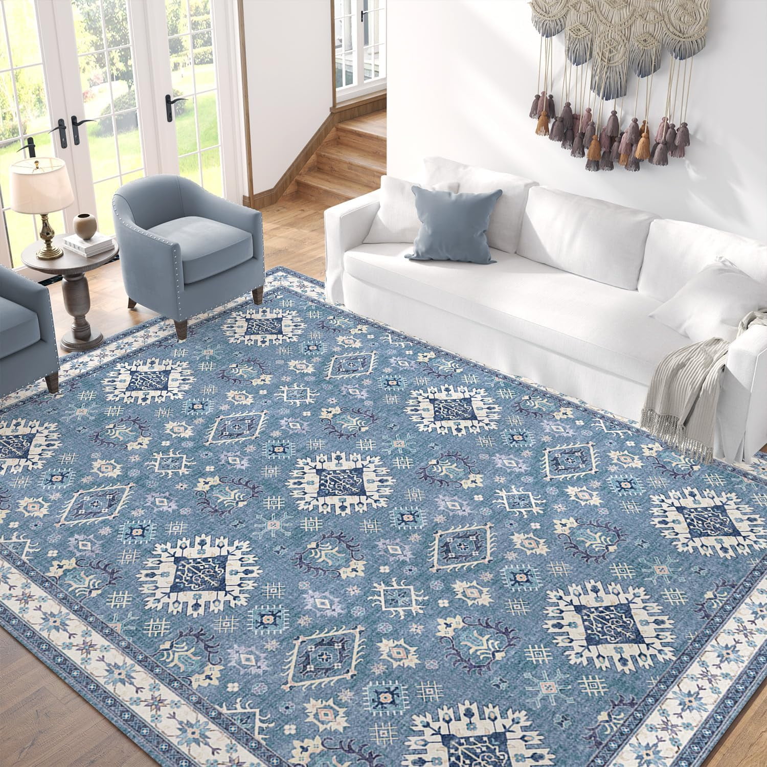 Blue Floral Chenille Washable Non-Slip 8' x 10' Area Rug