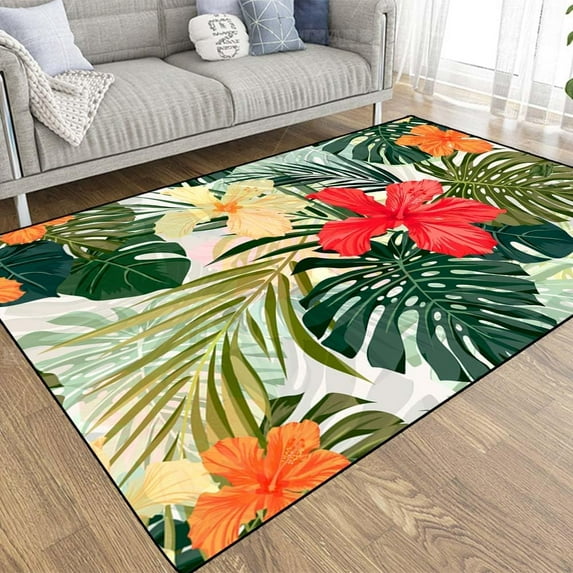 Vintage Area Rug Summer Colorful Hawaiian Pattern Tropical Plants Hibiscus Flowers Farmhouse Area Rug, Suitable For Living Room, Kitchen, Outdoor 3x5ft
