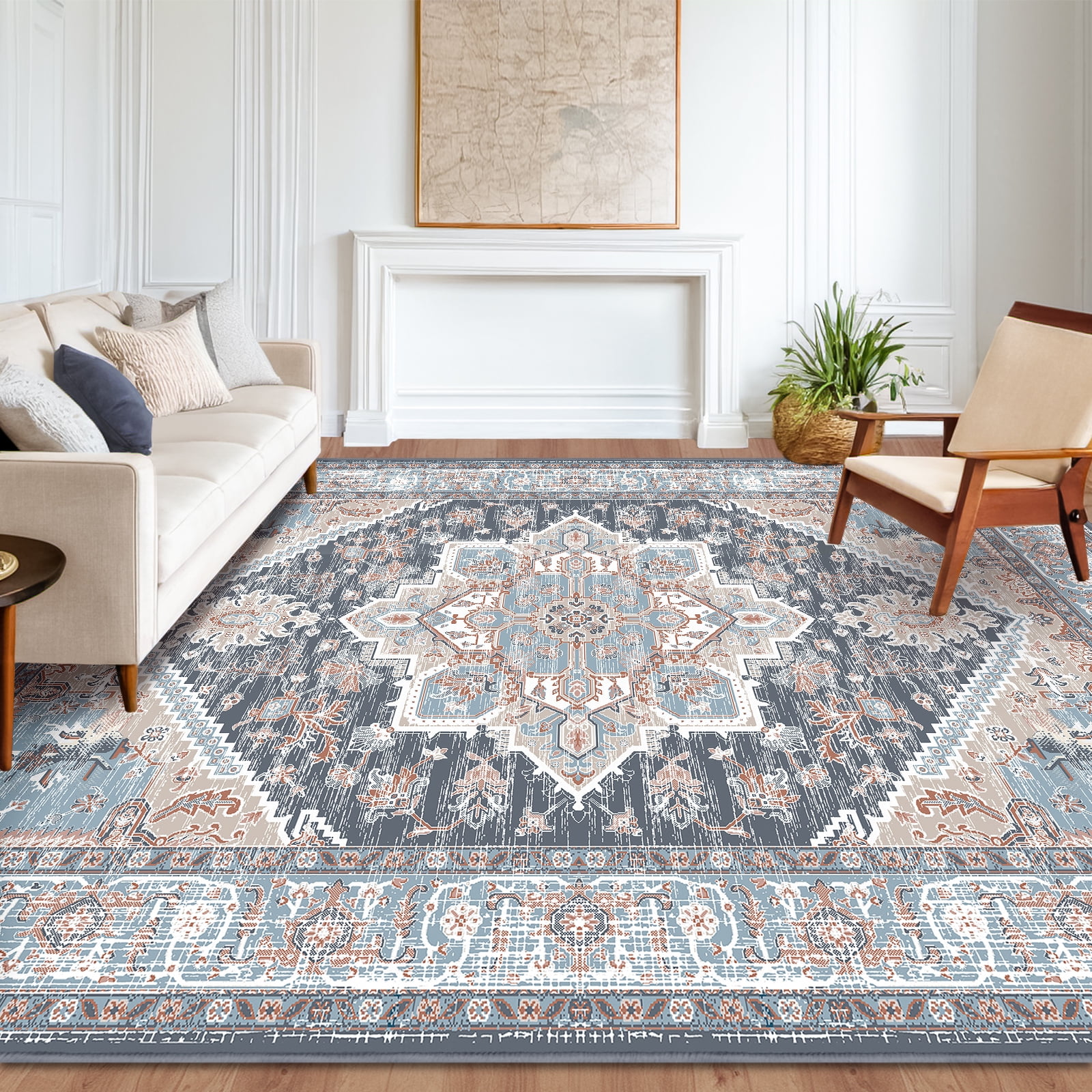 Blue and Red 9' x 12' Low Pile Wool and Synthetic Area Rug