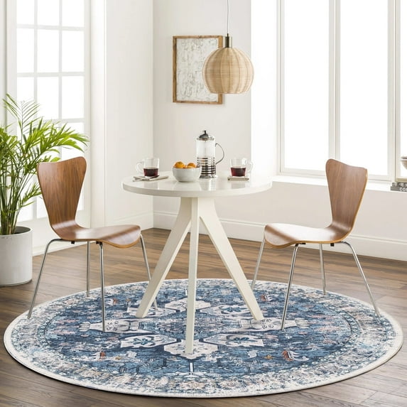 Vintage Area Rugs,Soft Washable Distressed Thin Rugs for Living Room Bedroom,Non-Slip Foldable Indoor Carpet,4' Diameter Navy Blue
