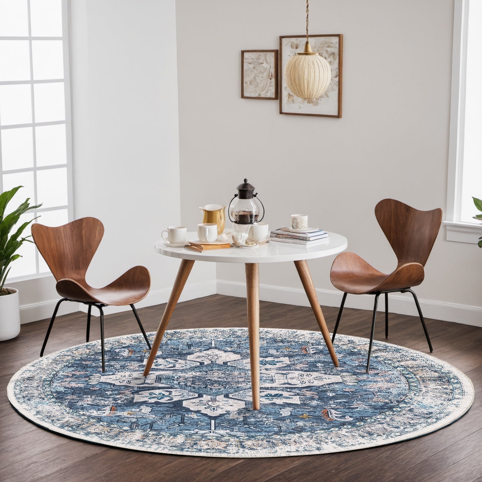 Vintage Area Rugs,Soft Washable Distressed Thin Rugs for Living Room Bedroom,Non-Slip Foldable Indoor Carpet,6' Diameter Navy Blue