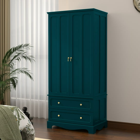 Vintage Armoire Wardrobe with Hanging Space & Storage Drawers, Classic Wooden Closet for Bedroom Organization, Green