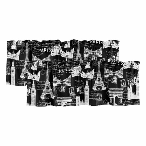 Vintage Art 2 Panels Kitchen Valance, International Buildings Paris Towers Black White Curtains Valances for Small Windows Rod Pocket Window Treatments for Living Room Bedroom 42" W x 12" L