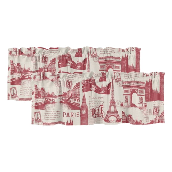 Vintage Art 2 Panels Kitchen Valance, Red International Buildings Paris Towers Linen Curtains Valances for Small Windows Rod Pocket Window Treatments for Living Room Bedroom 42" W x 12" L