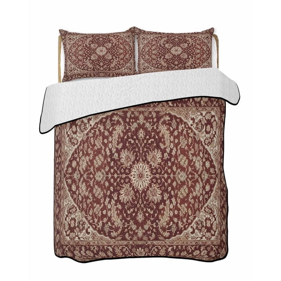 Vintage Art 3 Pieces Quilt Set, 1 Quilt with 2 Shams, Brown Tribal Ethnic Theme Country Bedspread Soft Lightweight Bedding Coverlet Comforter Set for All Season 68"x86"